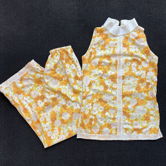 Vtg 60s Handmade Mod Hippie 2 pc Set Orange Yellow Floral Retro Approx. Small - Picture 1 of 13